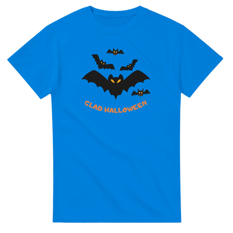 Lekfullt halloween-motiv med fladdermus-svärm och orange text på blå t-shirt