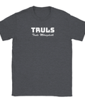 TRULS Truls Möregårdh" text i vitt på mörkgrå t-shirt, sportig design.