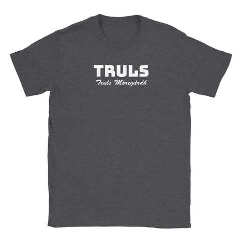 TRULS Truls Möregårdh" text i vitt på mörkgrå t-shirt, sportig design.
