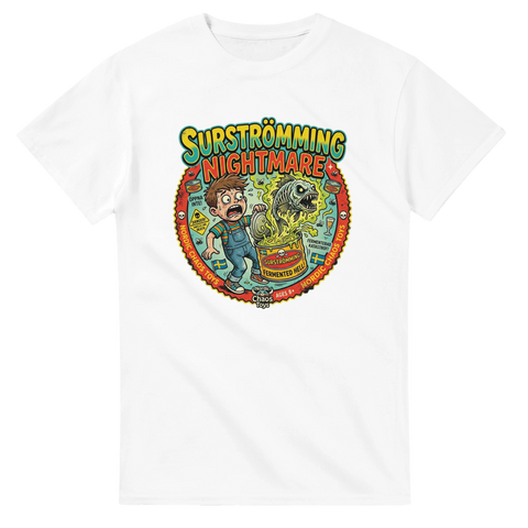 Surströmming Nightmare-tryck med skrämd pojke och rutten fisk på vit t-shirt.
