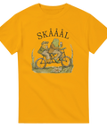 Charmigt tryck med grodor på cykel och texten Skååål – grafisk t-shirt