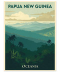 Retro illustration av Papua Nya Guineas högland med siluetter av palmer och berg i gröna och beigea toner.