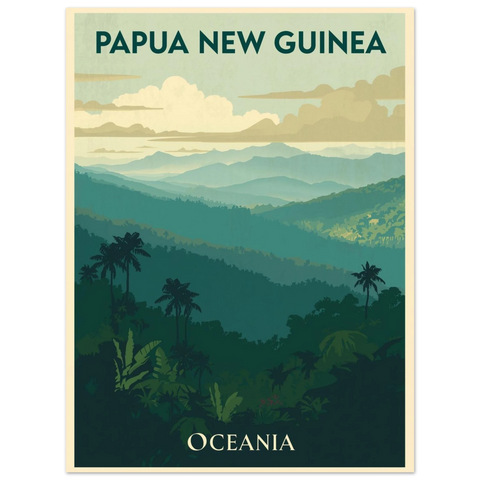 Retro illustration av Papua Nya Guineas högland med siluetter av palmer och berg i gröna och beigea toner.