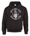Kaxig illustration av Göteborgs stadsvapen med skellett-lejon – brun hoodie