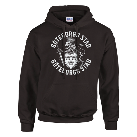 Kaxig illustration av Göteborgs stadsvapen med skellett-lejon – brun hoodie
