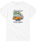 Illustration av orange folkabuss med surfbräda och palmer – vit grafisk t-shirt