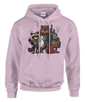 Ljusrosa hoodie med en lekfull gruppbild av sura steampunk-figurer