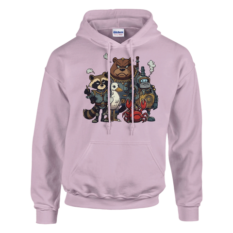 Ljusrosa hoodie med en lekfull gruppbild av sura steampunk-figurer