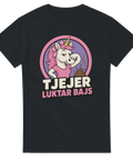 Svart t-shirt med kaxigt citat och tecknad enhörning i pop art-stil