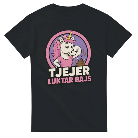 Svart t-shirt med kaxigt citat och tecknad enhörning i pop art-stil