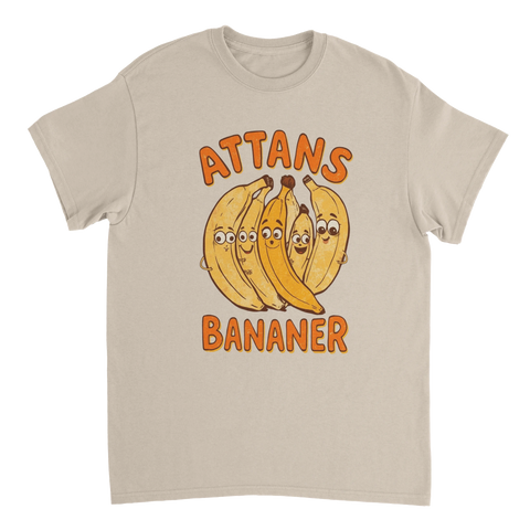 Illustration av ett gäng glada bananer med texten Attans Bananer på beige t-shirt