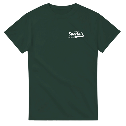 Mörkgrön t-shirt med vitt tryck i en avslappnad och hållbar stil