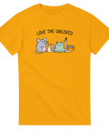 Love the Unloved t-shirt med gulliga djur och text – gul