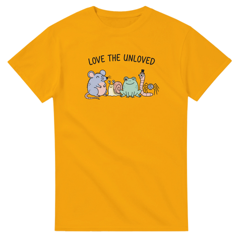 Love the Unloved t-shirt med gulliga djur och text – gul