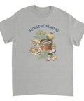 Surströmming burk med tillbehör, akvarellstil, på grå t-shirt.