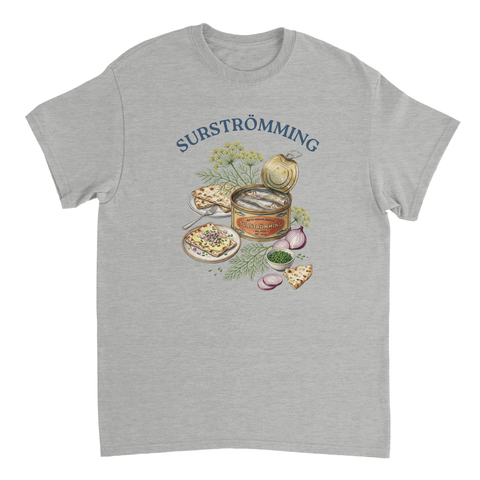 Surströmming burk med tillbehör, akvarellstil, på grå t-shirt.