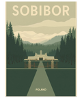 Närbild på en minimalistisk reseposter med motiv av en minnesplats i Polen i dova färger och grafisk stil.