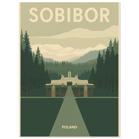 Närbild på en minimalistisk reseposter med motiv av en minnesplats i Polen i dova färger och grafisk stil.