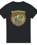 Satirisk teckning av en surströmmingspremiär i klassisk serietidningsstil – svart t-shirt