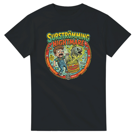 Satirisk teckning av en surströmmingspremiär i klassisk serietidningsstil – svart t-shirt