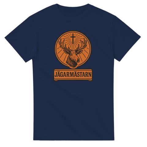 Marinblå t-shirt med orange Jägarmästarn tryck – grafisk älgillustration