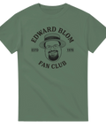 Edward Blom Fan Club-tryck med karikatyr av Blom i stråhatt, på olivgrön T-shirt.