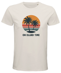Retroinspirerad illustration med palmer och solnedgång på ljus t-shirt