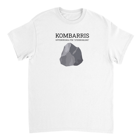 Minimalistiskt motiv av en grå sten med textförklaring på vit t-shirt