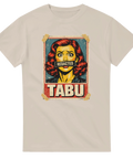 Pop art-affisch med kvinna, "REDACTED" över munnen, "TABU" under, på beige t-shirt.