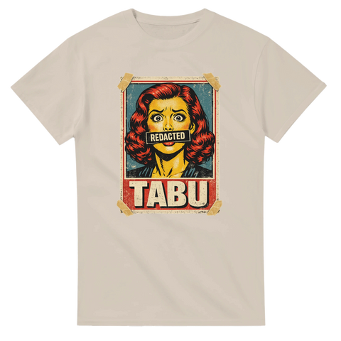 Pop art-affisch med kvinna, "REDACTED" över munnen, "TABU" under, på beige t-shirt.