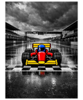 Närbild på en färgglad illustration av en formelbil i motljus på en dyster och dramatisk racingbana.