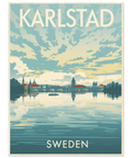Grafisk illustration av Karlstads skyline i klassisk vintage reseaffisch-stil