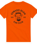 Edward Blom Fan Club-tryck med karikatyr av Edward Blom i stråhatt, på orange T-shirt.