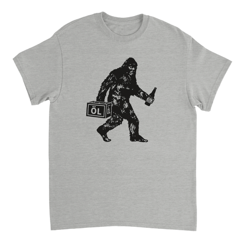 Retroinspirerat tryck av Bigfoot som bär öl – rolig illustration