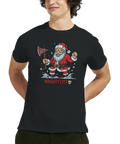 Blodig, arg jultomte med yxa och text "Naughty List" och dödskalle på svart t-shirt.