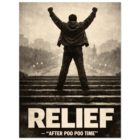 Rocky-inspirerad silhuett med armarna uppåt på trappa, text "RELIEF - After Poo Poo Time", sepia.