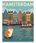 Närbild på en lekfull poster föreställande en hamster framför nederländsk arkitektur i vintagestil med mjuka färger.