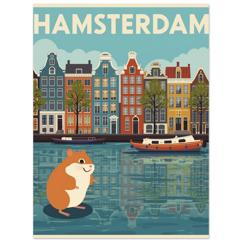 Närbild på en lekfull poster föreställande en hamster framför nederländsk arkitektur i vintagestil med mjuka färger.