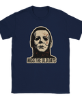 Michael Myers-mask med blodstänk & "MISS THE OLD DAYS" på marinblå t-shirt.