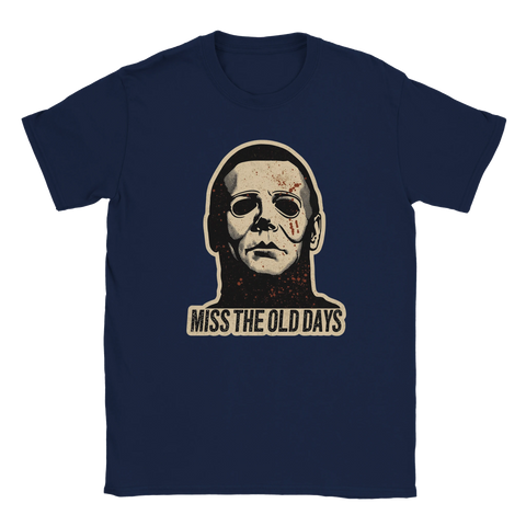 Michael Myers-mask med blodstänk & "MISS THE OLD DAYS" på marinblå t-shirt.