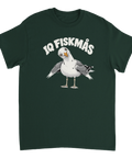 Mörkgrön t-shirt med en tecknad mås och texten IQ Fiskmås.