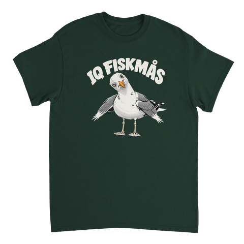 Mörkgrön t-shirt med en tecknad mås och texten IQ Fiskmås.
