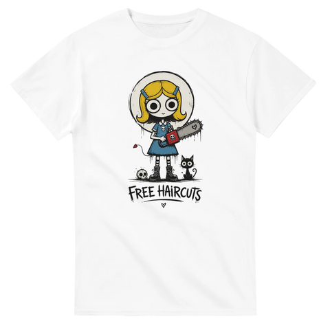 Alternativ stil med motorsågssvingande karaktär – vit grafisk t-shirt