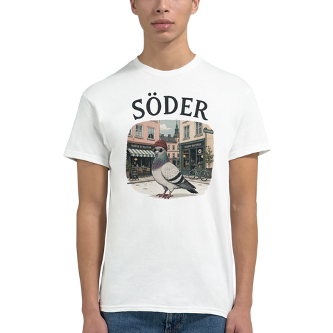 Urbant stadsmotiv med duva och caféer på Söder – grafisk t-shirt