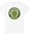 Vit t-shirt med texten Hops Happiness Repeat och humlekotte

