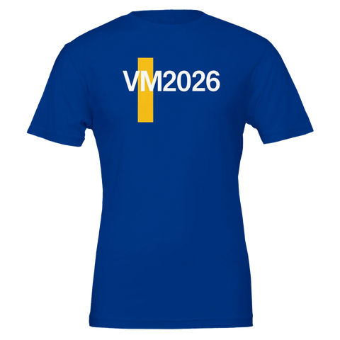 Sverige VM 2026 design med vit text och gult element på kungsblå t-shirt