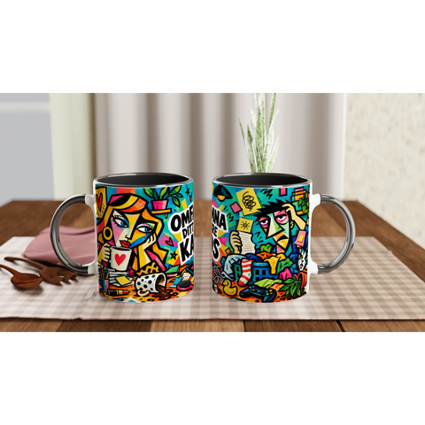 Mugg med texten Omfamna ditt inre kaos och färgglada illustrationer.