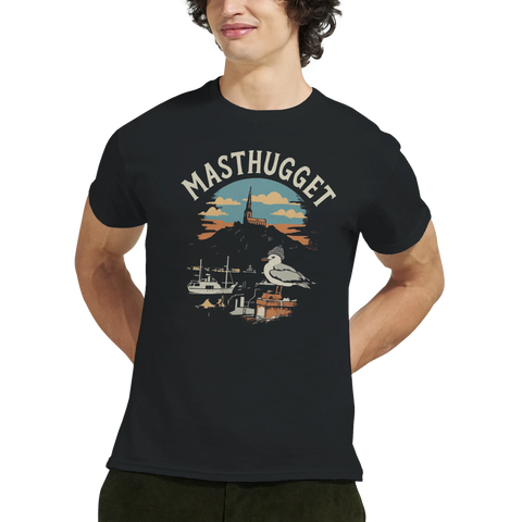 Klassisk Göteborg t-shirt med grafiskt tryck av hamninlopp och mås