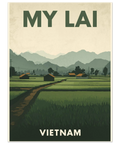 Illustration av My Lai i Vietnam med gröna risfält, små hus och dimmiga berg i mid-century modern stil.