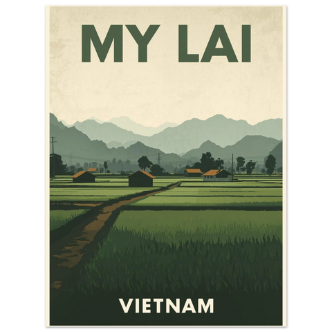Illustration av My Lai i Vietnam med gröna risfält, små hus och dimmiga berg i mid-century modern stil.